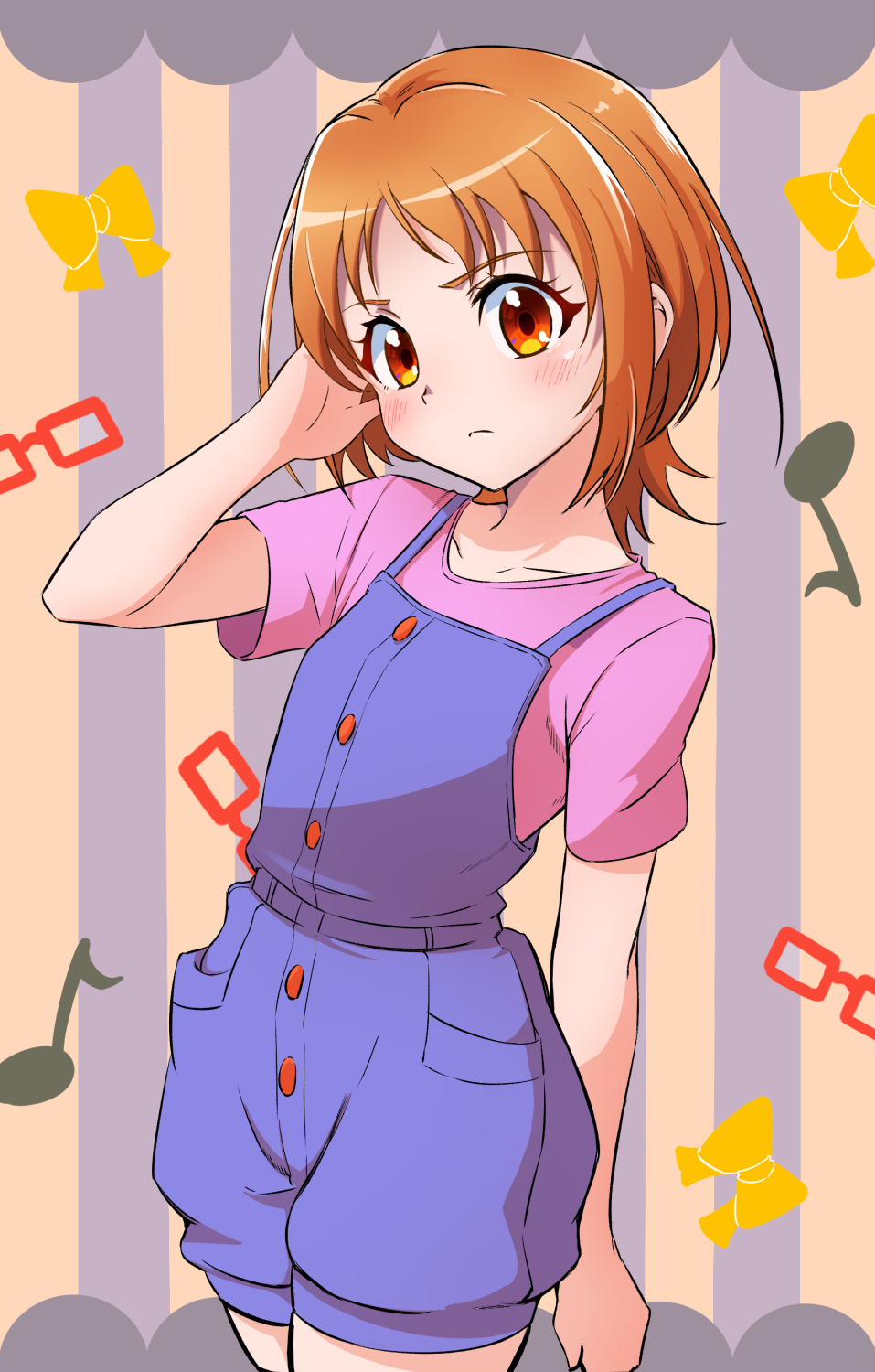 1girl, ankou_kyoudai, bad_id, bad_pixiv_id, blue_overalls, blush, brown_eyes, brown_hair
