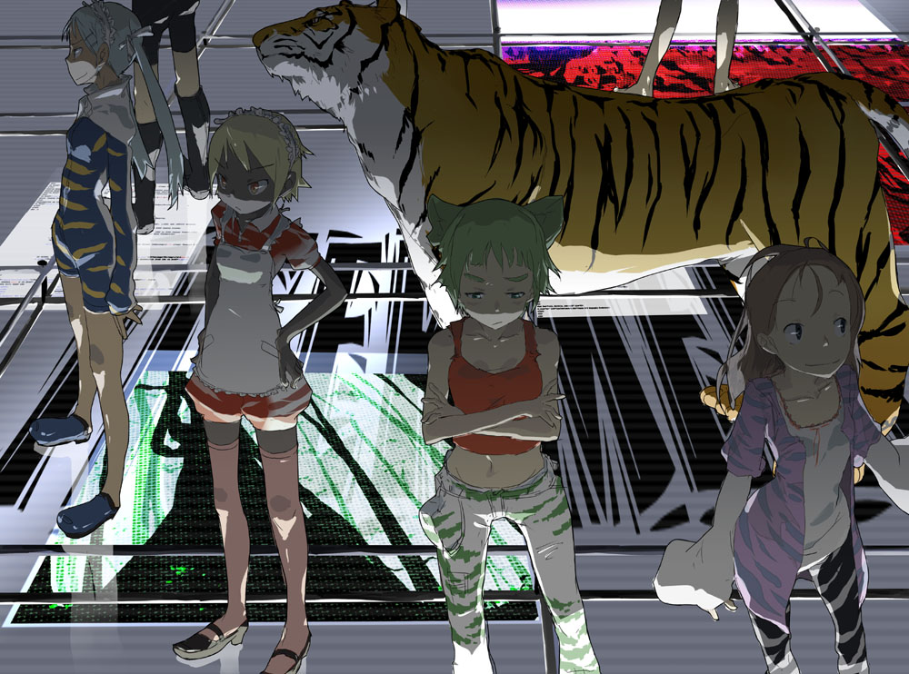 :/, animal_ears, blonde_hair, blue_eyes, blue_hair, brown_hair, crossed_arms, denim