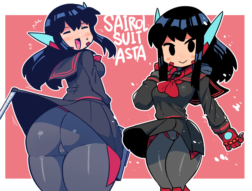 1girl, :>, :d, ^^^, ass, asta_rindo_(rariatto), bag, black_bodysuit