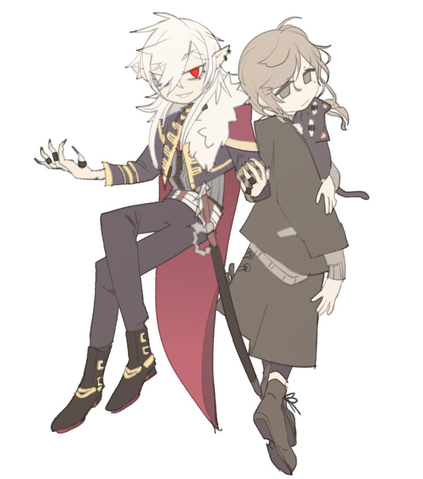 2boys, black_jacket, black_nails, black_pants, brown_hair, cape, closed_mouth, ear_piercing