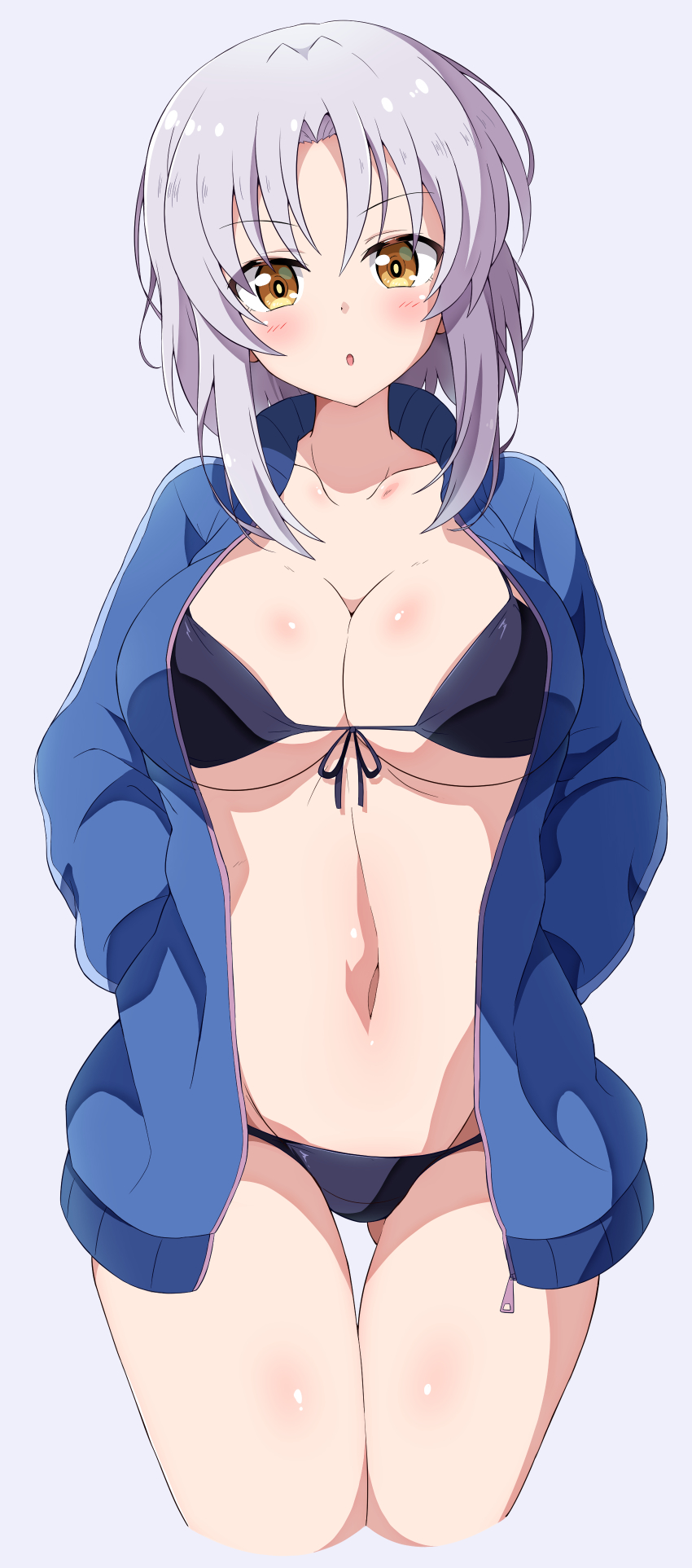 1girl, :o, absurdres, bare_legs, bikini, black_bikini, blonde_hair, blue_track_suit, blush, breasts, cleavage, collarbone, commentary, cropped_legs, eggman_(ni_tamagoex), gluteal_fold, grey_background, hands_in_pockets, highres, hozumi_serene, jacket, jersey, large_breasts, long_sleeves, looking_at_viewer, megami-ryou_no_ryoubo-kun, open_clothes, open_jacket, parted_bangs, parted_lips, sidelocks, silver_hair, simple_background, swimsuit, thighs, track_jacket, track_suit