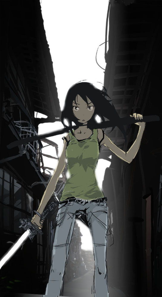 1girl, black_eyes, black_hair, denim, female_focus, industrial, jeans, katana