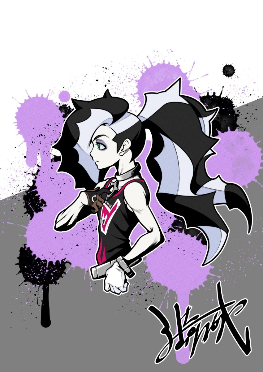 1boy, belt, black_hair, bracelet, closed_mouth, collar_tug, commentary_request, eyeshadow