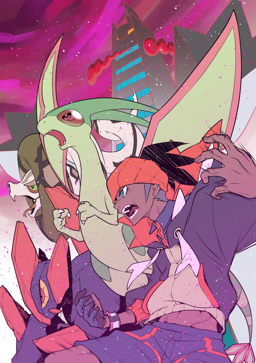 1boy, black_hair, blue_eyes, collared_shirt, commentary_request, dark-skinned_male, dark_skin, duraludon