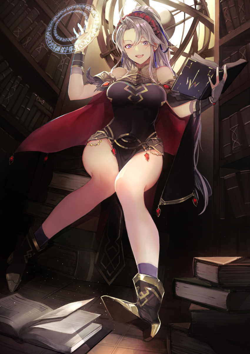 1girl, bare_legs, bare_shoulders, black_dress, black_gloves, book, book_stack, bookshelf, boots, breasts, bridal_gauntlets, dress, fire_emblem, fire_emblem:_genealogy_of_the_holy_war, fire_emblem_heroes, foreshortening, gloves, highres, holding, holding_book, indoors, large_breasts, library, long_hair, looking_at_viewer, looking_down, machi_wt, nintendo, official_alternate_costume, open_book, open_mouth, pelvic_curtain, ponytail, purple_eyes, purple_socks, shelf, silver_hair, sleeveless, sleeveless_dress, smile, socks, solo, tailtiu_(fire_emblem), tailtiu_(resplendent)_(fire_emblem), teeth