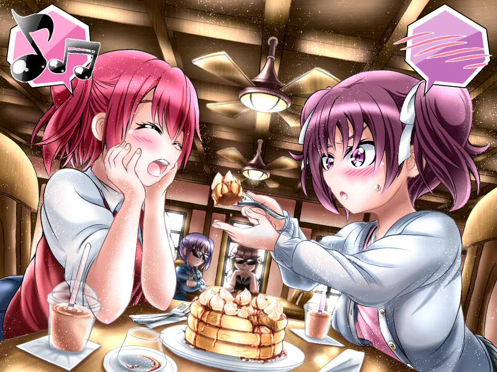 4girls, :o, aqua_jacket, black_hair, black_skirt, blue_skirt, blush, bow