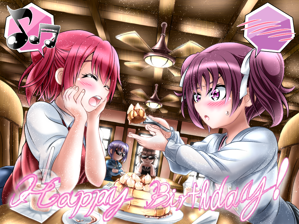 4girls, :o, aqua_jacket, black_hair, black_skirt, blue_skirt, blush, bow