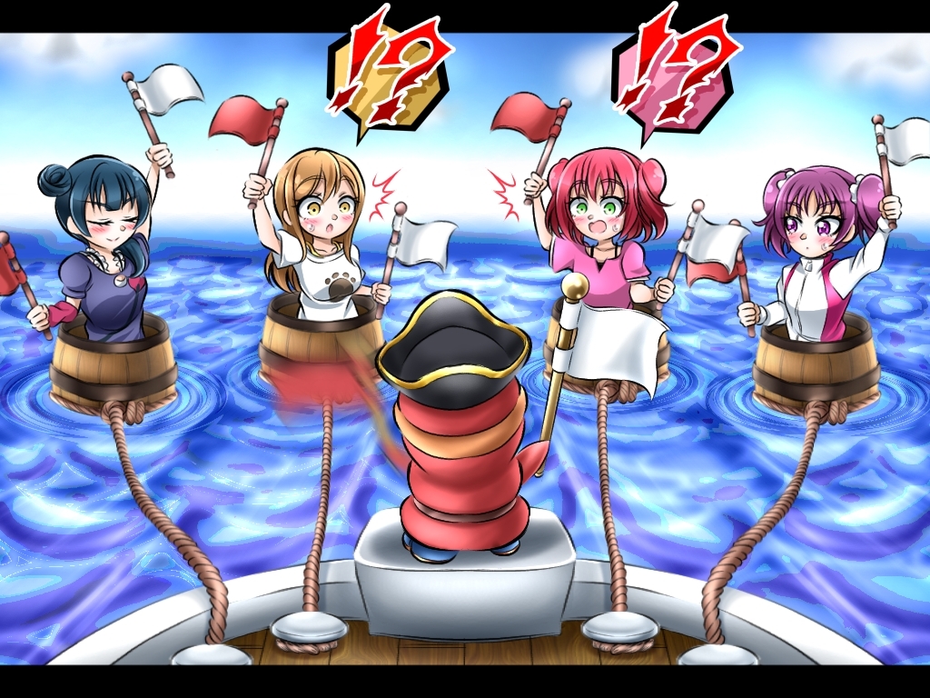 !, 4girls, ?, alternate_hairstyle, aqua_eyes, artist_name, barrel, blue_hair