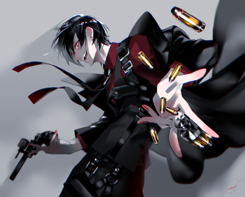1boy, absurdres, black_hair, bullet, grin, gun, hair_between_eyes, handgun