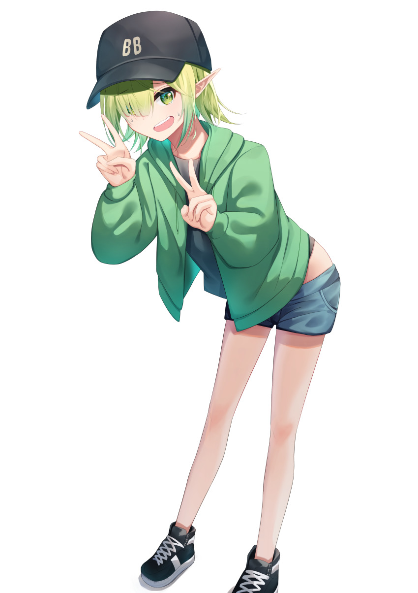 1girl, absurdres, amen_osora, aoi_(princess_connect!), blush, elf, green_eyes, green_hair, hat, highres, open_mouth, pointy_ears, princess_connect!