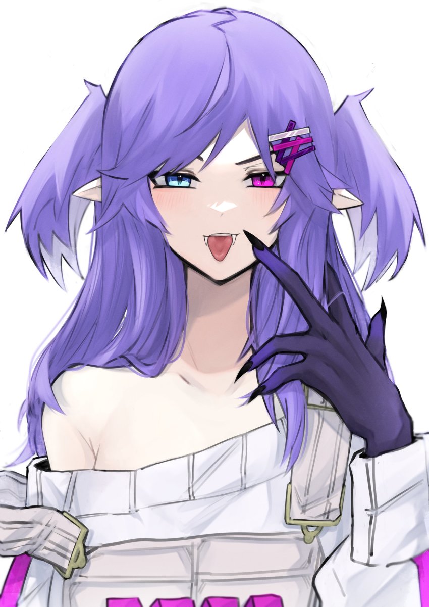 1girl, absurdres, black_nails, blue_eyes, blush, collarbone, cosplay, daiishori, elira_pendora, elira_pendora_(1st_costume), elira_pendora_(cosplay), eyebrows_hidden_by_hair, fangs, grey_overalls, hair_ornament, hairclip, head_wings, heterochromia, highres, looking_at_viewer, nail_polish, nijisanji, nijisanji_en, off_shoulder, overalls, pointy_ears, portrait, purple_eyes, purple_hair, selen_tatsuki, solo, sweater, tongue, tongue_out, virtual_youtuber, white_background, white_sweater, wings