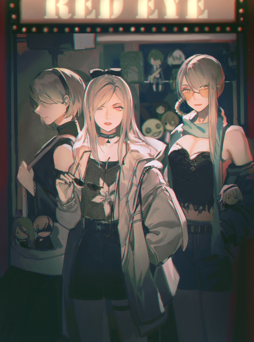 2b_(nier:automata), 3girls, 9s_(nier:automata), a2_(nier:automata), absurdres, alternate_costume, asymmetrical_hair, bag