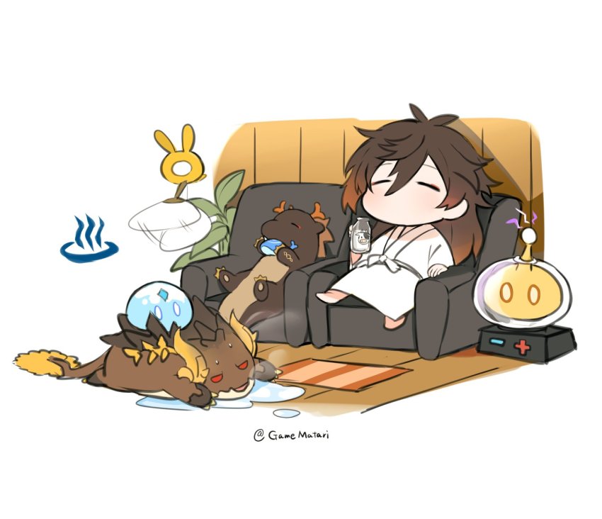 1boy, azhdaha_(genshin_impact), bathrobe, blush, border0715, bottle, brown_hair, chair