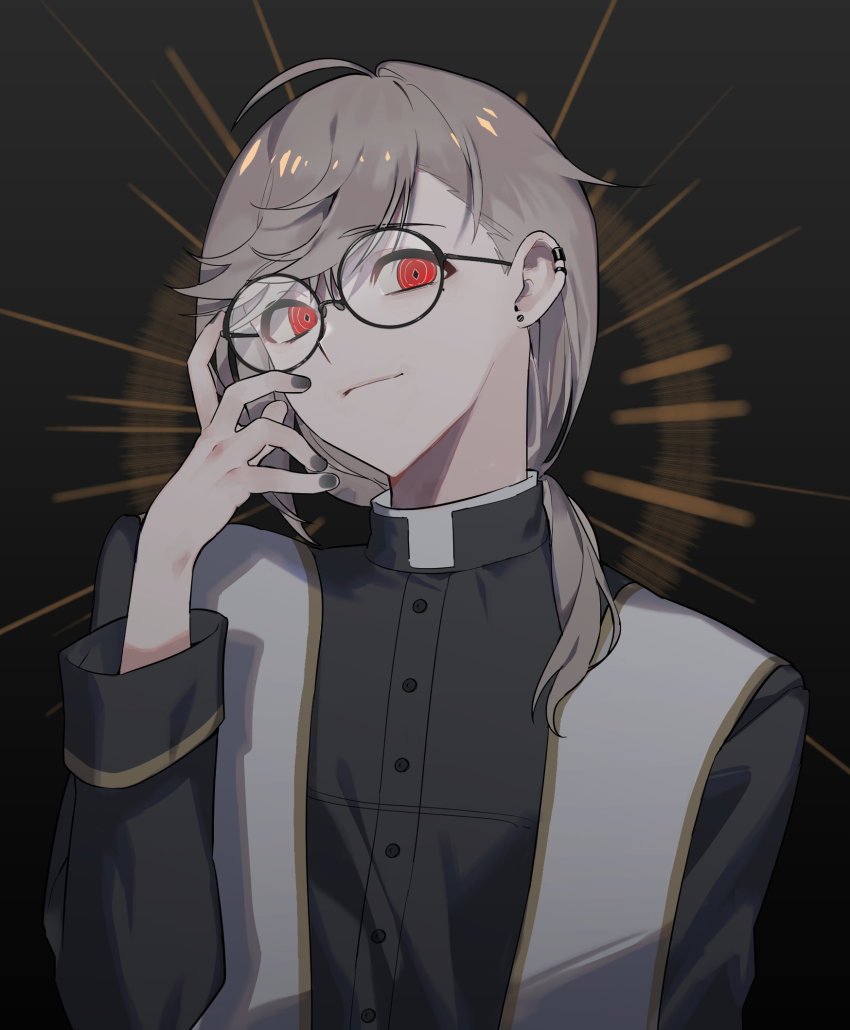 1boy, black_background, black_jacket, black_nails, brown_hair, derivative_work, earrings, glasses