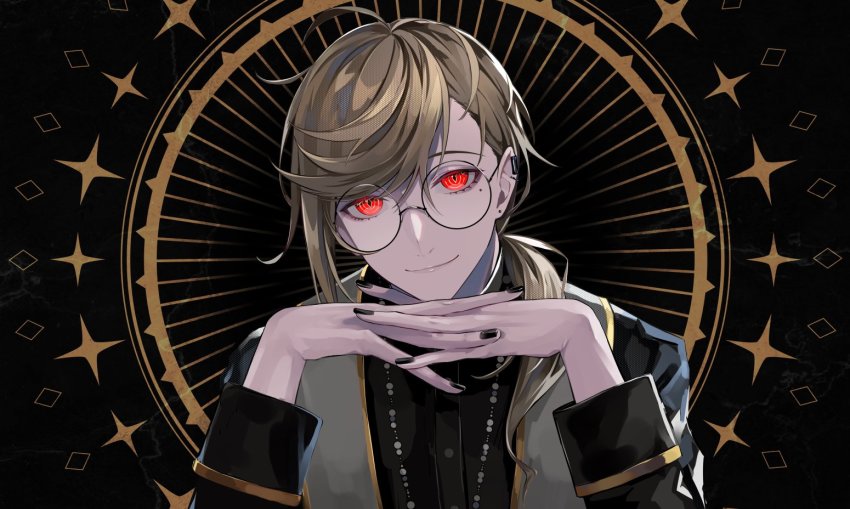 1boy, black_jacket, black_nails, brown_hair, eyebrows_hidden_by_hair, hair_behind_ear, head_tilt, interlocked_fingers