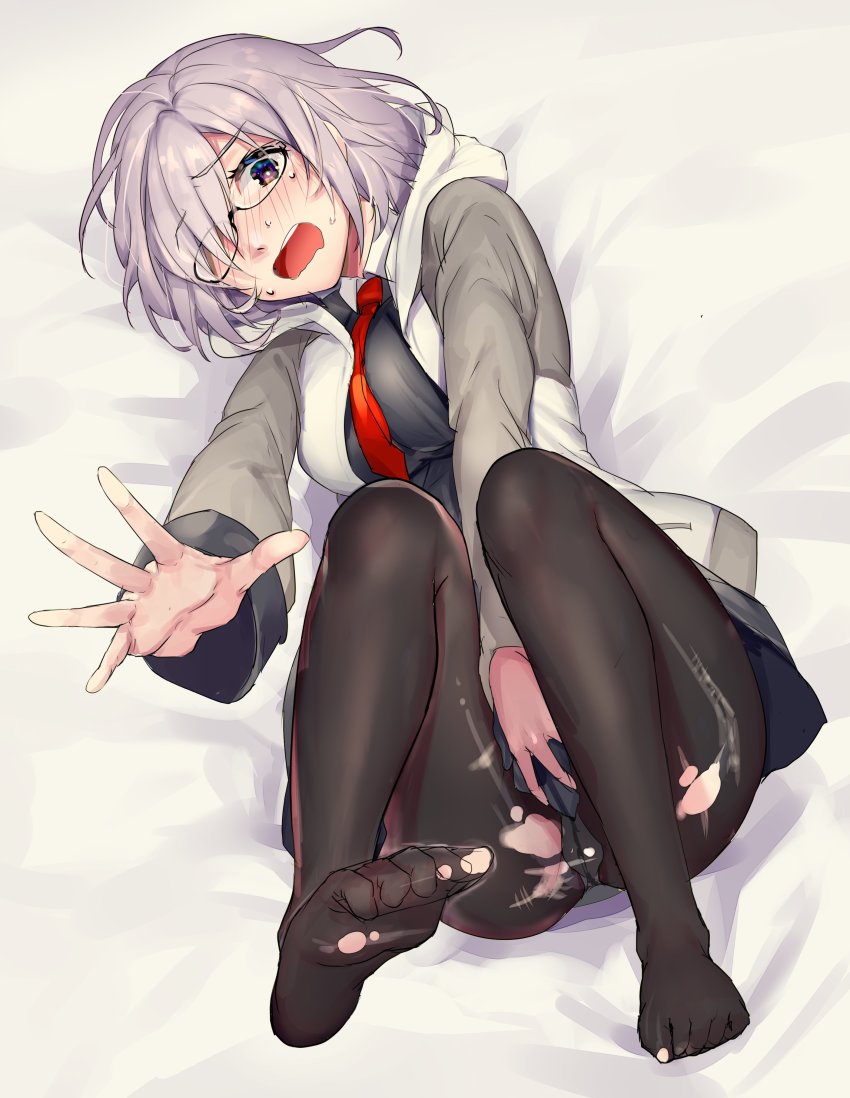 1girl, absurdres, black_dress, black_pantyhose, blush, breasts, covering_crotch, covering_privates, dress, fate/grand_order, fate_(series), feet, glasses, hair_over_one_eye, highres, jacket, light_purple_hair, looking_at_viewer, mash_kyrielight, mogullaz, necktie, panties, panties_under_pantyhose, pantyhose, purple_eyes, purple_hair, short_hair, solo, toe_scrunch, toes, torn_clothes, torn_pantyhose, underwear, wavy_mouth