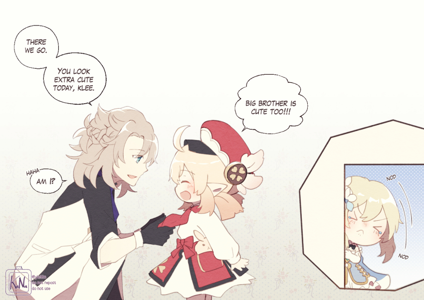 1boy, 2girls, :d, ^_^, adjusting_clothes, adjusting_necktie, ahoge, albedo_(genshin_impact)