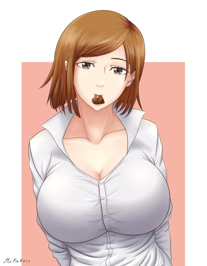 1girl, absurdres, artist_name, breasts, brown_eyes, brown_hair, candy, chocolate, chocolate_heart, cleavage, collarbone, food, heart, highres, jujutsu_kaisen, kugisaki_nobara, large_breasts, looking_at_viewer, mekakris, mouth_hold, shirt, short_hair, solo, white_shirt