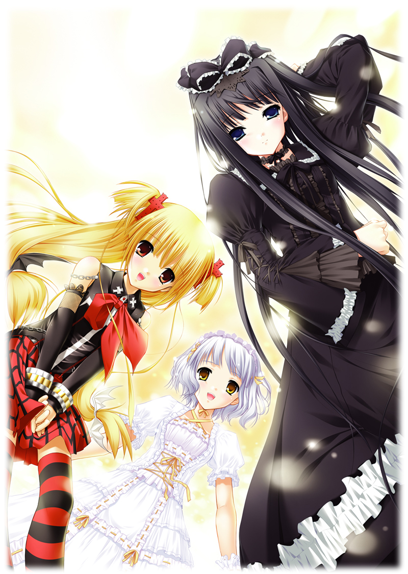 3girls, accurate_lolita_coord, black_hair, blonde_hair, blue_eyes, blush, bracelet, chain