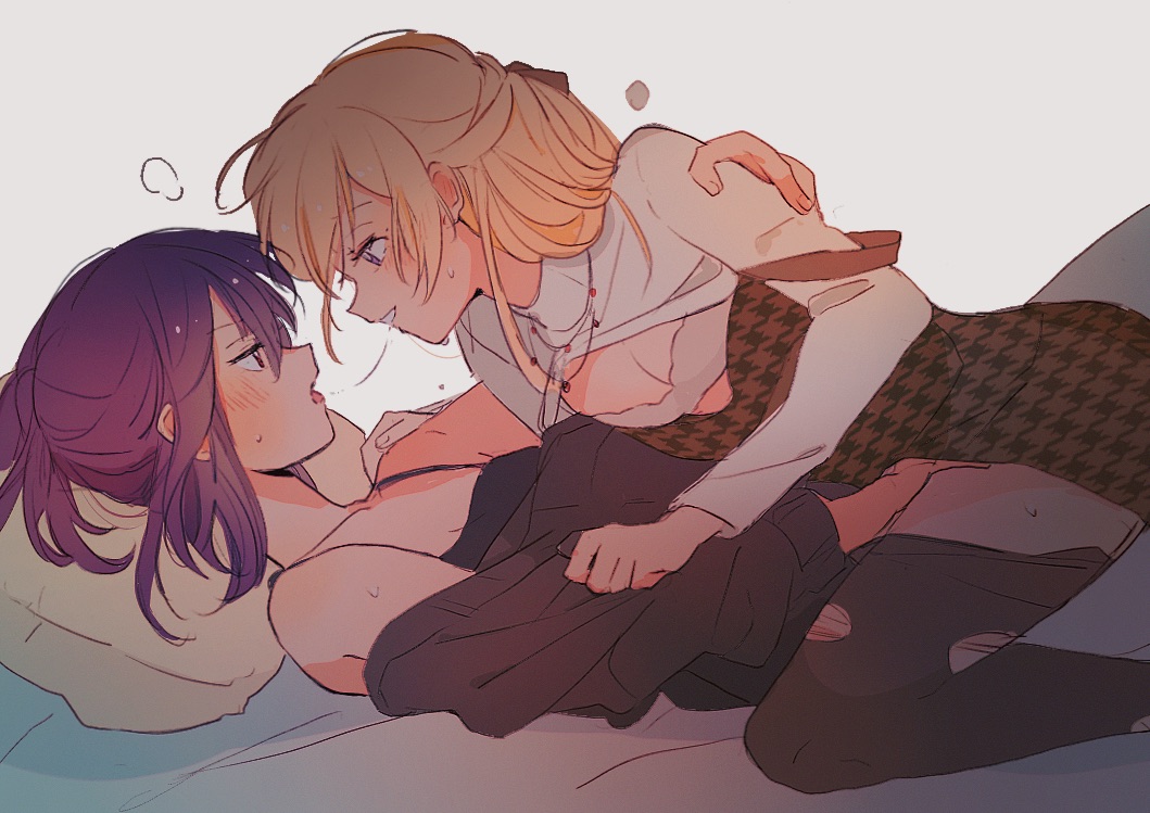 2girls, after_kiss, bang_dream!, bang_dream!_girls_band_party!, bed, black_bra, black_legwear, blonde_hair