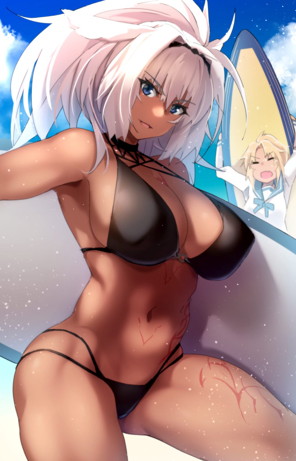 2girls, animal_ears, bare_shoulders, bikini, black_bikini, blonde_hair, blue_eyes, blue_sky