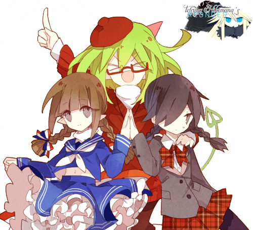 3girls, black_eyes, black_hair, black_leggings, blue_headwear, blue_shirt, blue_skirt, bow