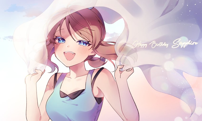 1girl, :d, bare_arms, blue_eyes, blue_shirt, blush, breasts, brown_hair, character_name, cloud, collarbone, commentary_request, day, floating_hair, hands_up, happy_birthday, highres, holding, kimnay2001, looking_at_viewer, may_(pokemon), nintendo, open_mouth, outdoors, pokemon, pokemon_adventures, shirt, sky, sleeveless, sleeveless_shirt, smile, solo, teeth, tongue, upper_body, upper_teeth_only