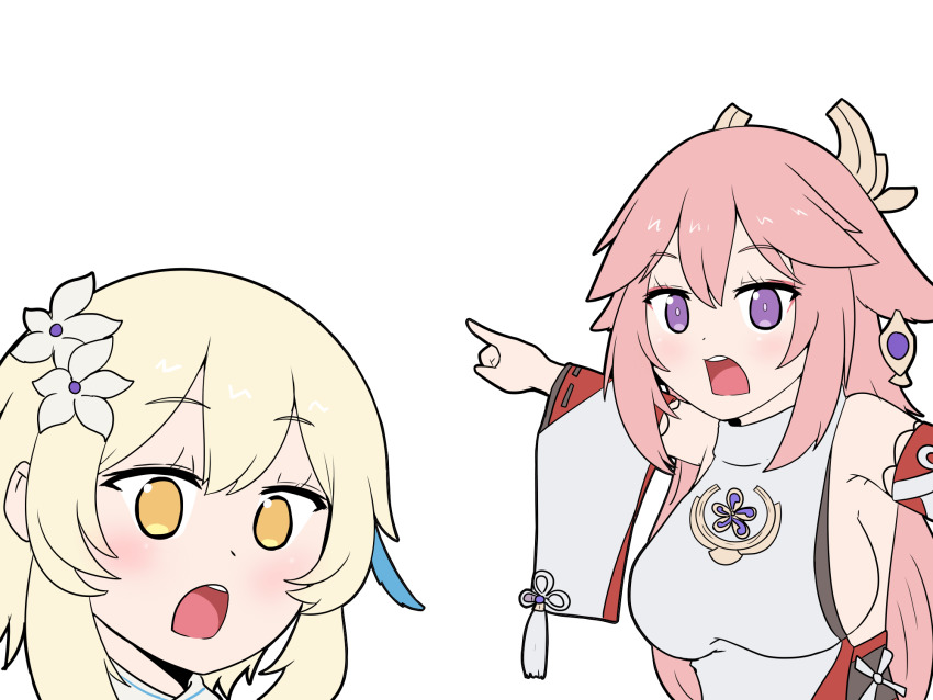 2girls, :o, animal_ears, blonde_hair, breasts, detached_sleeves, earrings, flower, fox_ears, genshin_impact, hair_between_eyes, hair_flower, hair_ornament, highres, japanese_clothes, jewelry, keita_naruzawa, long_hair, looking_at_viewer, lumine_(genshin_impact), meme, miko, multiple_girls, pink_hair, pointing, pointing_backward, purple_eyes, short_hair, short_hair_with_long_locks, sideboob, sidelocks, simple_background, surprised, template, transparent_background, two_soyjaks_pointing_(meme), vision_(genshin_impact), wide_sleeves, yae_miko, yellow_eyes