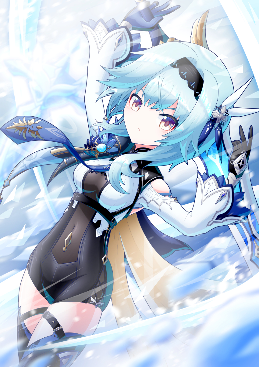 1girl, absurdres, amairo_zanmei, arm_up, belt, black_leotard, blurry, cape