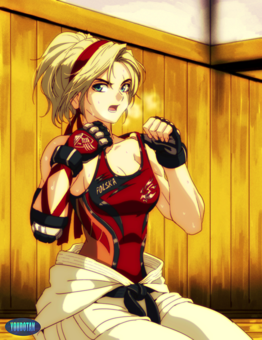 bikini, blonde_hair, blue_eyes, crest, dojo, dougi, fingerless_gloves, gloves, highres, lidia_sobieska, namco, no_bra, ponytail, retro_artstyle, scar, scar_across_eye, scar_on_face, short_ponytail, solo, sweat, swimsuit, tekken, tekken_7, youdotan