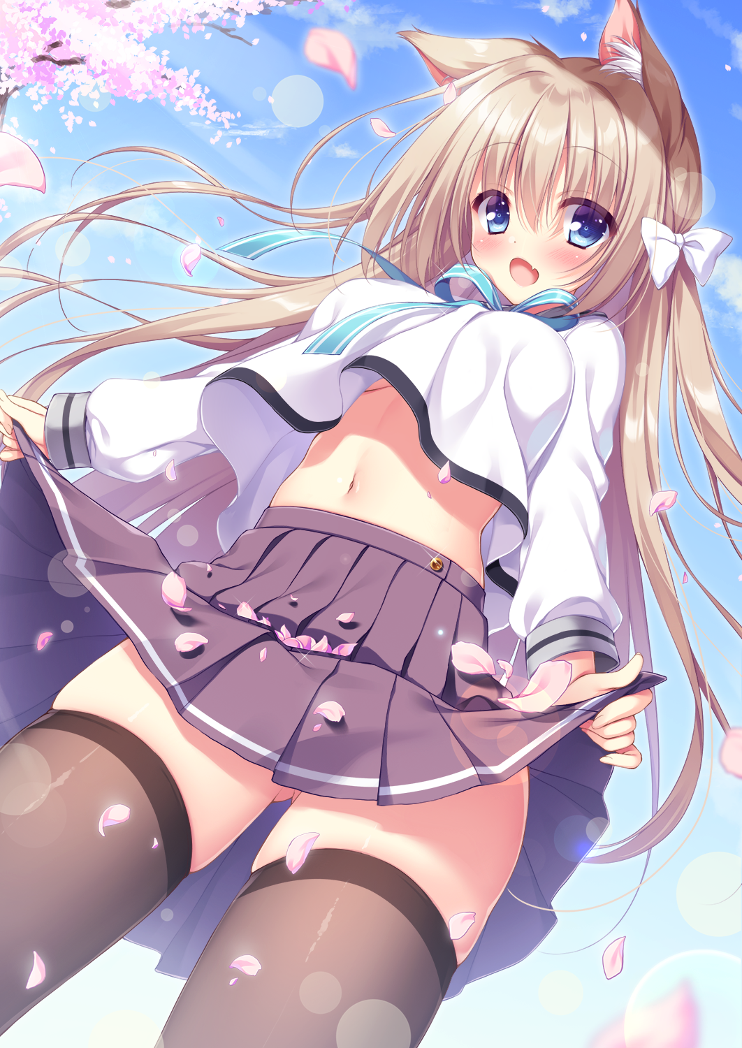 1girl, :d, animal_ear_fluff, animal_ears, blonde_hair, blue_eyes, blue_sky, blurry