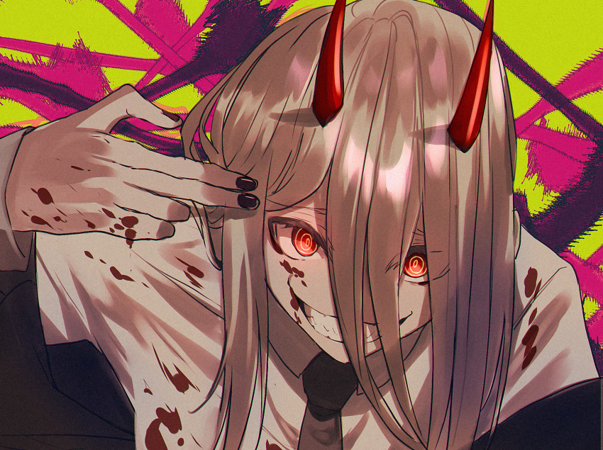 +_+, 1girl, black_nails, black_neckwear, blonde_hair, blood, blood_on_face, chainsaw_man