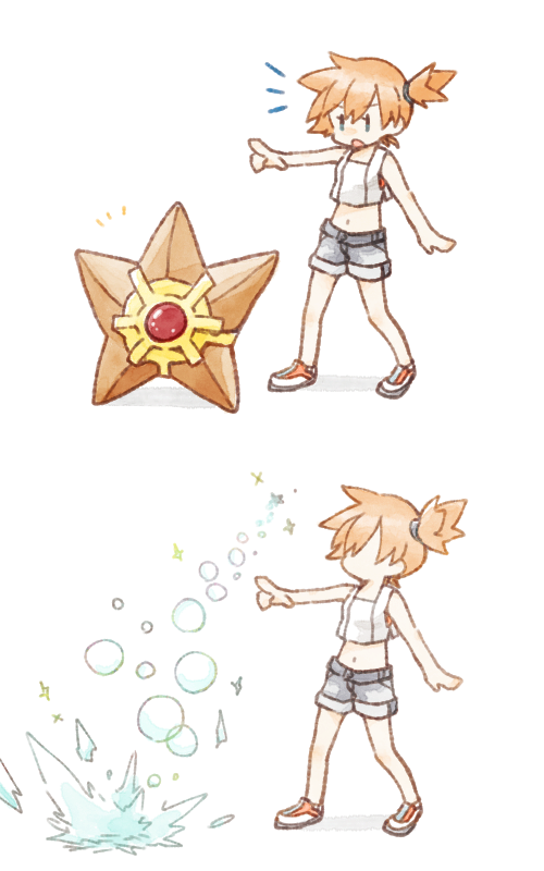 1girl, asymmetrical_hair, blue_eyes, denim, denim_shorts, gen_1_pokemon, gym_leader, legs, misty_(pokemon), navel, nintendo, open_mouth, orange_hair, pokemon, pokemon_(creature), pokemon:_let's_go_pikachu!_and_let's_go_eevee!, ponytail, shirt, shoes, short_hair, short_shorts, shorts, side_ponytail, staryu, white_shirt, yukimo