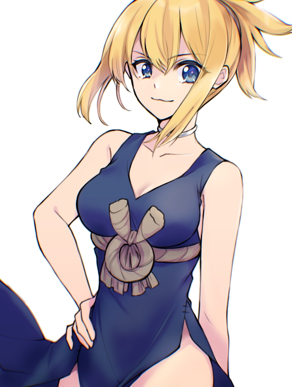 1girl, :3, bare_arms, blonde_hair, blue_dress, blue_eyes, breasts, choker