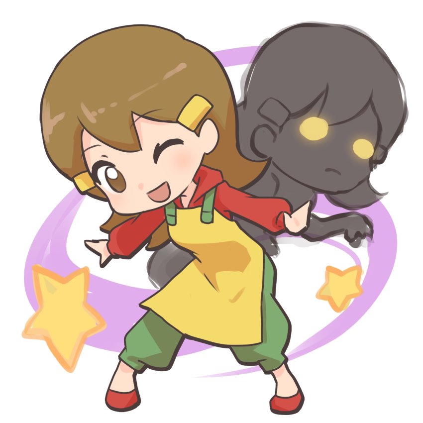 1girl, 5-volt, apron, blush, brown_eyes, brown_hair, deformed, full_body