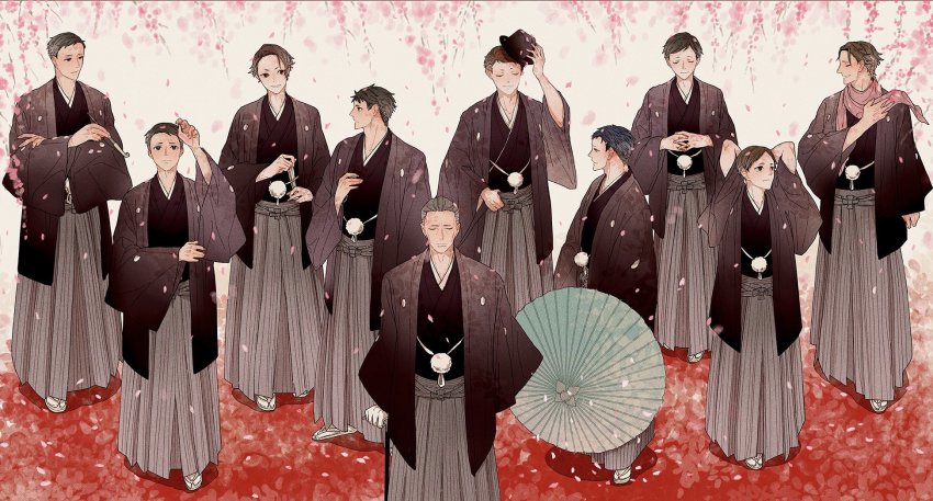 6+boys, amari_(joker_game), bad_id, bad_pixiv_id, black_hair, black_headwear, black_kimono, brown_hair