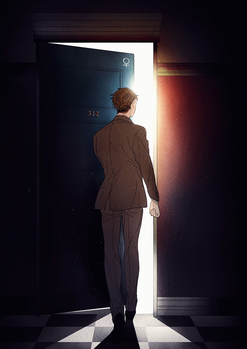 1boy, bad_id, bad_pixiv_id, brown_hair, brown_suit, door, facing_away, formal_clothes