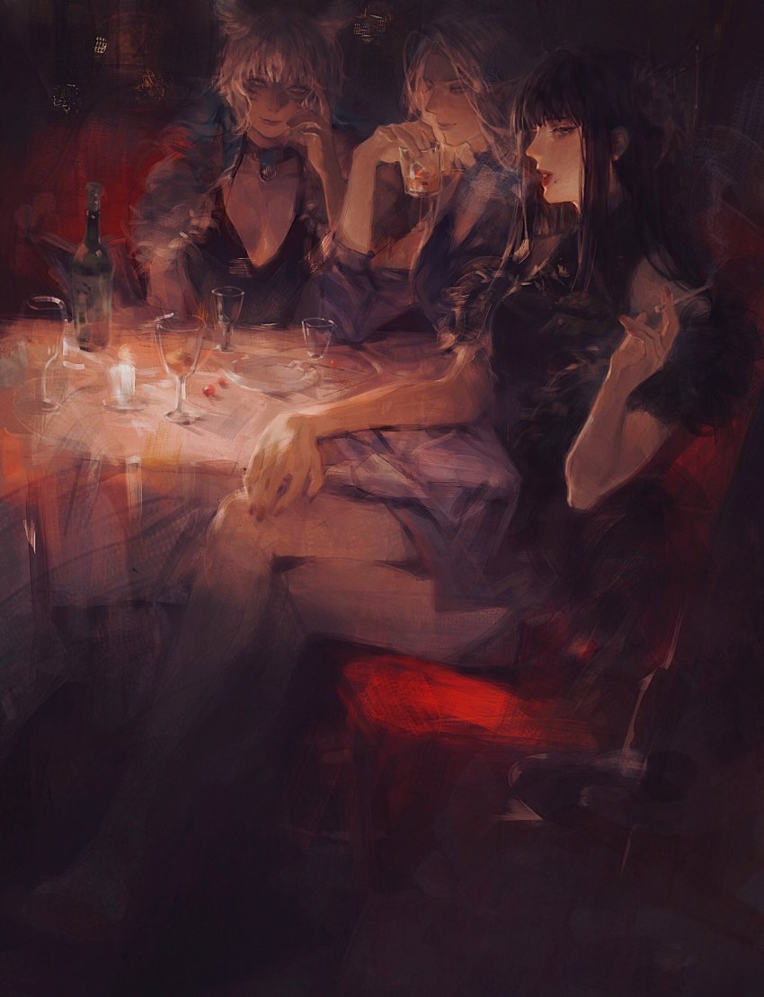 3girls, alcohol, animal_ears, black_dress, black_hair, blue_dress, blunt_bangs, bottle