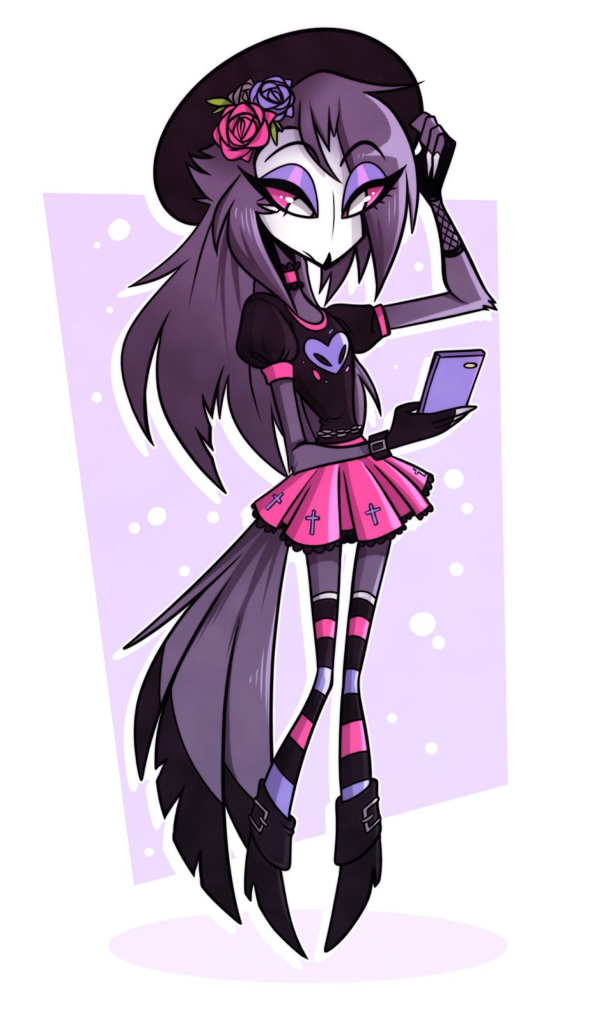 1girl, bird_girl, boots, demon_girl, fingerless_gloves, flower, gloves, hair_flower, hair_ornament, hat, hellaverse, helluva_boss, high_heel_boots, high_heels, highres, madelezabeth, octavia_(helluva_boss), owl_girl, phone, purple_hair, red_eyes, skirt, thighhighs