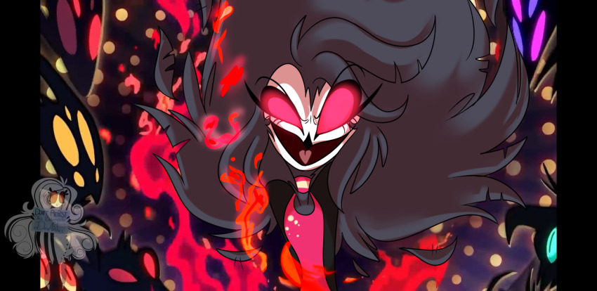 1girl, bird_girl, demon_girl, devastangel, evil_smile, fire, floating_hair, hellaverse