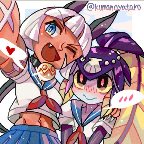 2girls, artist_collaboration, blue_eyes, blush, bob_cut, cat_girl, collar, fang