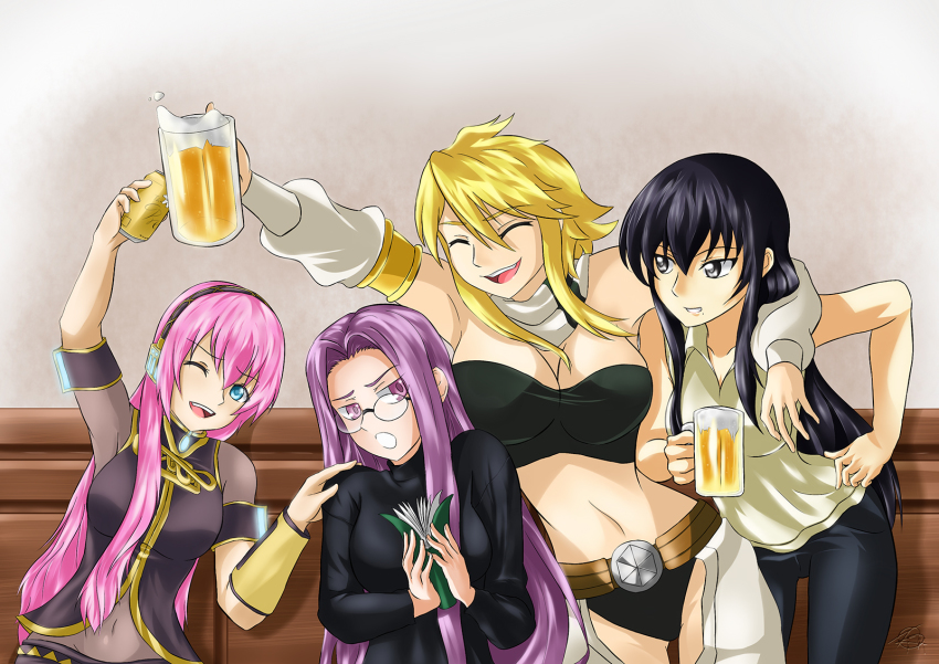 4girls, akame_ga_kill!, alcohol, asakawa_yuu, beer, belt, black_hair, blonde_hair, book, breasts, closed_eyes, crossover, cup, detached_sleeves, drink, fate/stay_night, fate_(series), female_focus, glasses, green_eyes, highres, holding, holding_cup, indoors, large_breasts, leone_(akame_ga_kill!), matching_hair/eyes, medusa_(fate), medusa_(rider)_(fate), megurine_luka, midriff, mug, multiple_girls, navel, one_eye_closed, osakabe_itoko, panties, pink_hair, purple_eyes, purple_hair, scarf, school_days, shirt, short_hair, strapless, sweater, underwear, vocaloid, voice_actor_connection