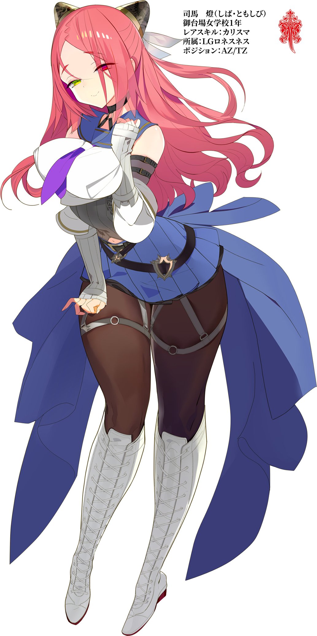 1girl, arm_belt, artist_request, assault_lily, belt, belt_buckle, black_belt, black_choker, blue_sailor_collar, blue_skirt, boots, breasts, brown_pantyhose, buckle, character_profile, choker, closed_mouth, commentary_request, crop_top, detached_sleeves, emblem, eyes_visible_through_hair, full_body, grey_shirt, hair_ribbon, hairpods, half-closed_eyes, hand_on_own_thigh, hand_up, heterochromia, highres, knee_boots, lace-up_boots, large_breasts, layered_sleeves, leaning_forward, long_hair, long_legs, long_sleeves, looking_at_viewer, midriff_peek, miniskirt, multiple_belts, navel, neckerchief, o-ring, o-ring_choker, official_art, pantyhose, parted_bangs, pleated_skirt, purple_neckerchief, raised_eyebrows, red_eyes, red_hair, ribbed_shirt, ribbon, sailor_collar, school_uniform, serafuku, shiba_tomoshibi, shirt, simple_background, skirt, sleeveless, sleeveless_shirt, sleeves_past_wrists, smile, solo, standing, thigh_strap, translation_request, undershirt, waist_cape, wavy_hair, white_background, white_boots, white_ribbon, white_shirt, yellow_eyes