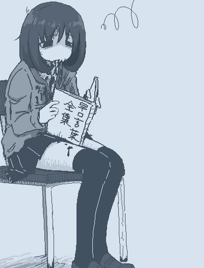 1girl, bags_under_eyes, blazer, blood, blood_from_mouth, blood_on_clothes, blood_on_leg, book, chair, closed_mouth, empty_eyes, hamsterfragment, holding, holding_book, jacket, jaggy_lines, legs_together, loafers, long_sleeves, medium_hair, monochrome, no_pupils, original, over-kneehighs, pleated_skirt, school_uniform, shoes, simple_background, sitting, skirt, solo, squiggle, shinohata_sachie_(hamsterfragment), thighhighs, tongue_twister, translation_request