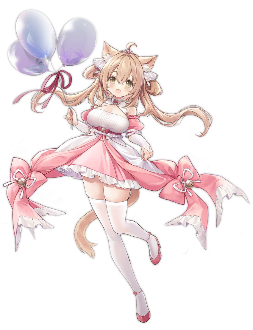 1girl, ahoge, alic_miao, animal_ears, azur_lane, balloon, bare_shoulders, bell, breasts, brown_eyes, cat_ears, cat_tail, dress, hair_ornament, high_heels, highres, large_breasts, light_brown_hair, long_hair, looking_at_viewer, michishio_(azur_lane), michishio_(fluttering_fanfare)_(azur_lane), official_alternate_costume, official_art, open_mouth, pink_dress, pink_shoes, pumps, ribbon, shoes, standing, tail, thighhighs, transparent_background, white_thighhighs