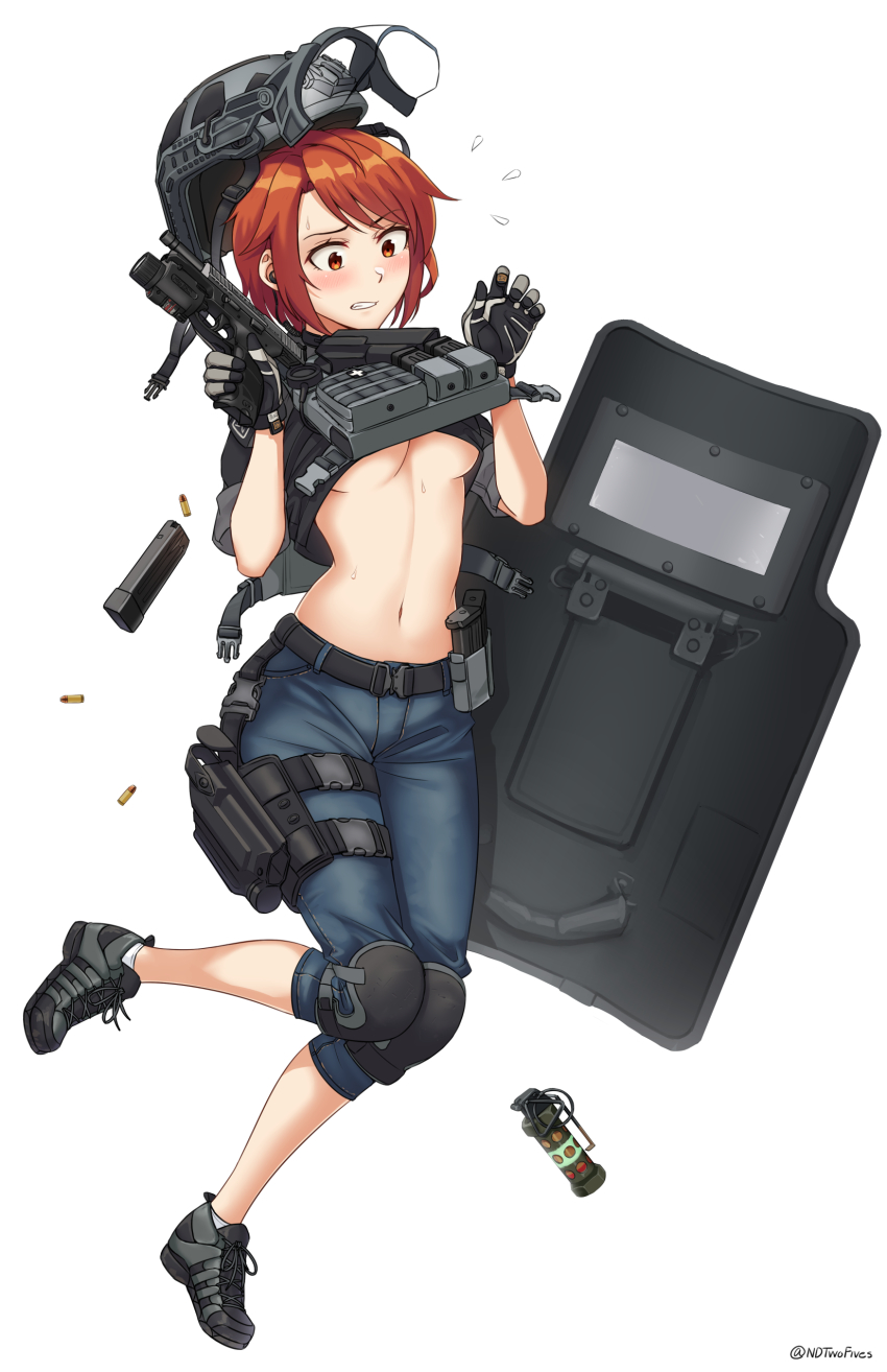 1girl, absurdres, ballistic_shield, black_gloves, black_shirt, blue_shorts, breasts, bullet