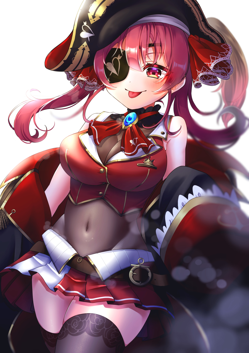 1girl, :p, absurdres, ascot, bare_shoulders, belt, bicorne, black_coat