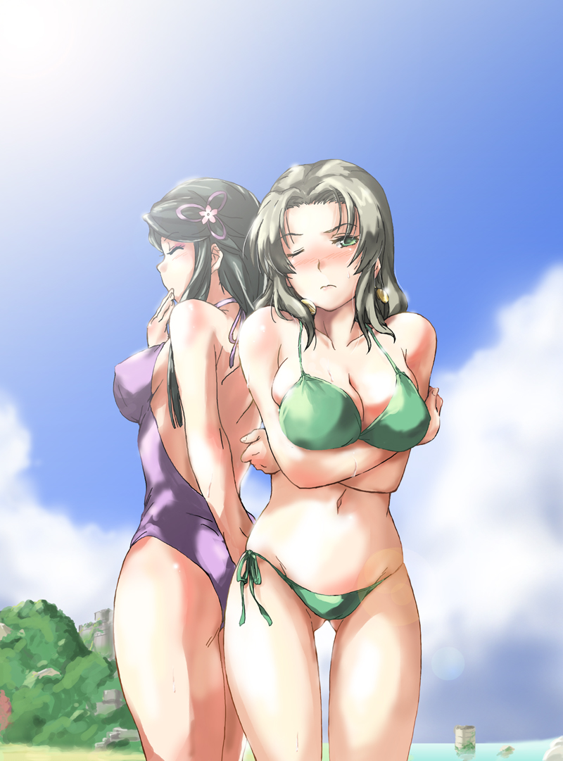 2girls, back-to-back, bad_id, bad_pixiv_id, bikini, black_hair, blush, breast_hold