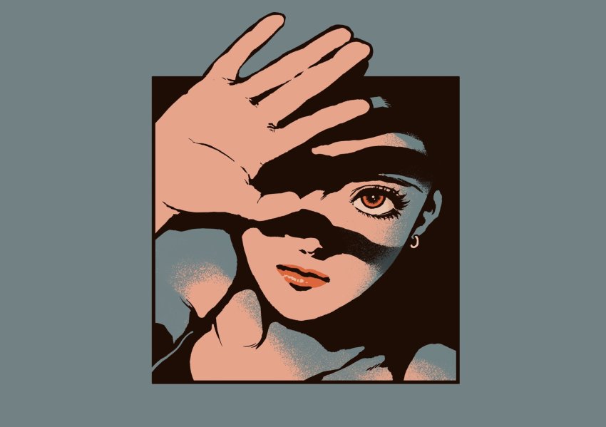 1girl, black_background, border, earrings, grey_border, hand_up, highres, jewelry