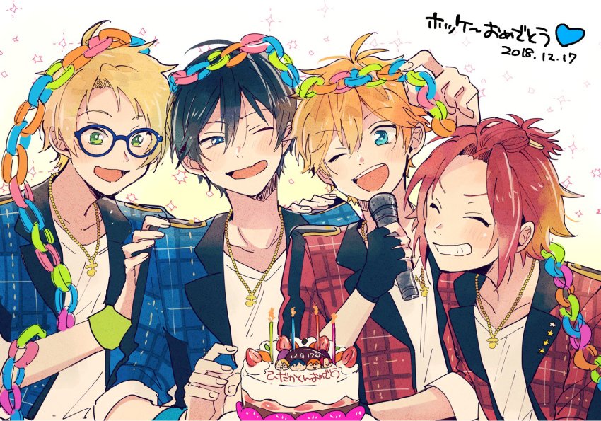 4boys, akehoshi_subaru, black_hair, blonde_hair, blue_eyes, cake, closed_eyes, ensemble_stars!